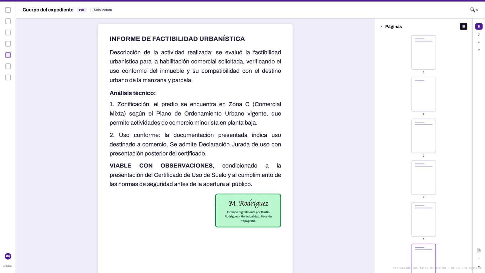 Visor del cuerpo del expediente en SELEX, con un informe firmado y el índice de páginas